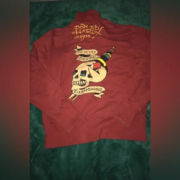Ed-Hardy Sweater Jacket Large Zip- Up Skull Dragon Burgundy Christian- Audigier - Picture 1 of 3